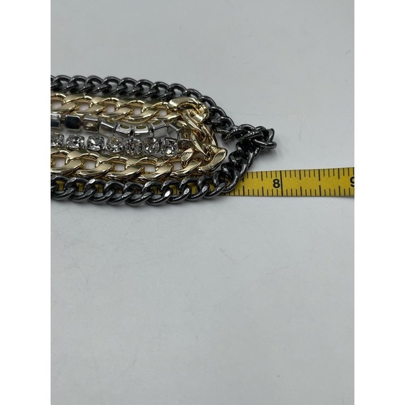 Steve Madden Layered Tri Tone Mixed Metal Bling Stones Curb Chain Necklace New - Picture 12 of 16